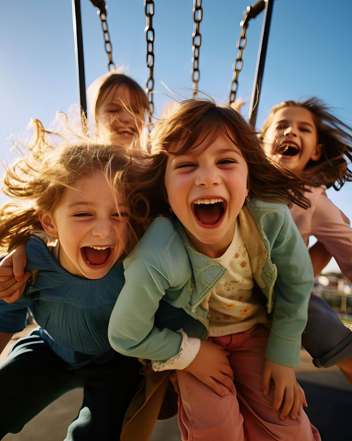 Children playing near a swing set, all the girls are happy and having fun.