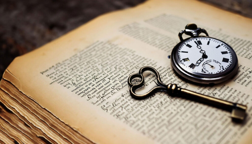 A key and a pocket watch on an open book.