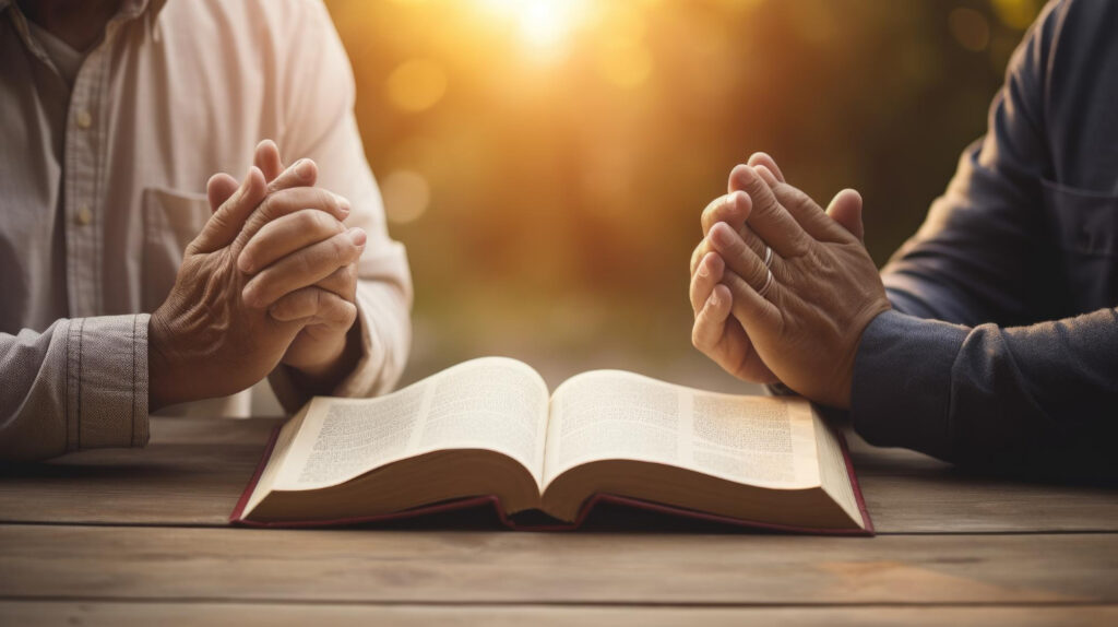 Two pairs of hands folded in prayer over an open bible